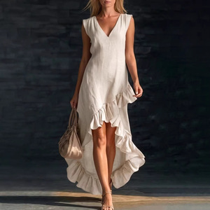 Vestido Maxi de Verano para Mujer, Tallas Grandes, Sin Mangas, Cuello en V, con Volantes en el Bajo, Asimétrico, de Algodón y Lino, Dropshipping Shopify - Product Image 5