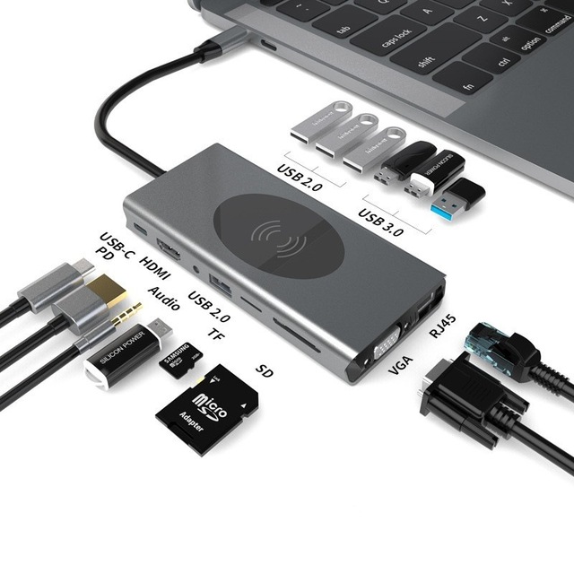 15 in 1 USB C Multiport Adapter With Wireless Phone Charger, Docking Station USB-C Dual Monitor 15 in 1 for MacBook
