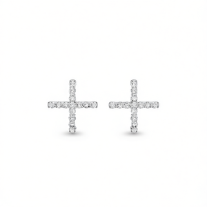 E2798 <b>White</b> <b>Gold</b> <b>Cross</b> Stud Earrings Diamond Round Brilliant Cut Prong Setting Unisex Religious Jewelry - Product Image 1