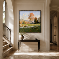 Peinture à l'huile Présage d'automne, Paysage de bassin d'orangers, Art mural sur toile, Taille personnalisée, Cadre noir vintage pour Hôtel, Villa, Salon