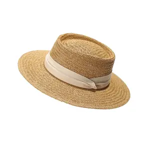 Toptan madagaskar rafya saman kadın güneş şapkaları düz üst plaj seyahat için özelleştirilmiş şerit ile