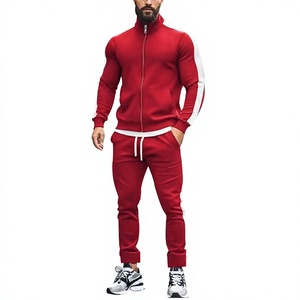 Ensemble de survêtement sportif rouge pour homme, manches longues, col montant, fermeture éclair, respirant, tenue d'automne, couleur unie, deux pièces - Product Image 4