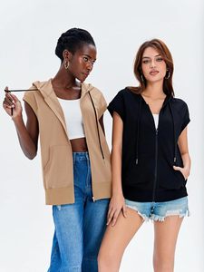 <span class=keywords><strong>Sweat</strong></span> à <span class=keywords><strong>capuche</strong></span> <span class=keywords><strong>zippé</strong></span> sans manches pour femmes personnalisé décontracté coupe ample sweats à cordon vestes légères XS lavé tricoté hiver - Product Image 3