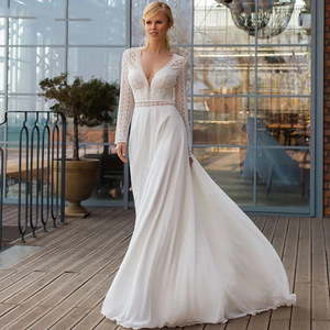 Elegant White Long Sleeve V Neck A Line Wedding Dress With Train Chiffon And Satin Fabric Natural Waistline Simple Design - Product Image 2