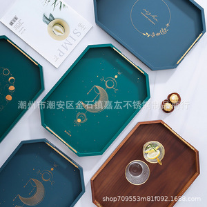 ถาดเสิร์ฟทรงแปดเหลี่ยมสีเขียวอมฟ้าพร้อมหูจับโลโก้สีทองสำหรับเสิร์ฟชาและกาแฟ - Product Image 4