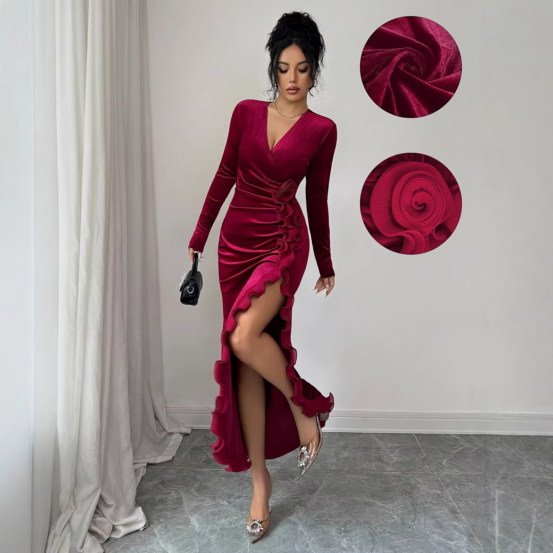 knee length dresses for ladies Zanna Modern Long Sleeves Ruched Long Velvet Mother Of The Bride Dresses