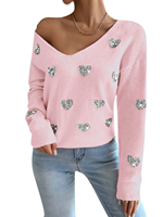 Valentine Sequin Coeur Broderie Tricot Col V Manches Longues Épaule tombante Doux Pull Pull Femmes