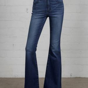 Nouveau design, logo personnalisé, jeans évasés taille haute, délavés à l'acide, bleu foncé, pour femmes - Product Image 4