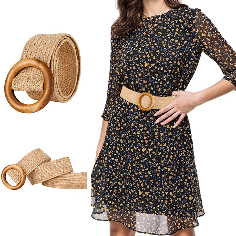 Женский плетеный ремень с деревянной пряжкой, модный дизайнерский круглый Повседневный эластичный ремень из полипропилена и соломы, 2020