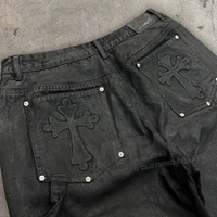 Pantalon en jean pour hommes, surdimensionné personnalisé, double genou 3D gaufré, stretch, noir, wax, jambe large, pantalon baggy