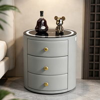 Table de chevet ronde intelligente avec lumière LED et chargeur sans fil, 3 tiroirs, cadre en bois massif, table de chevet en cuir, armoire de rangement pour chambre à coucher