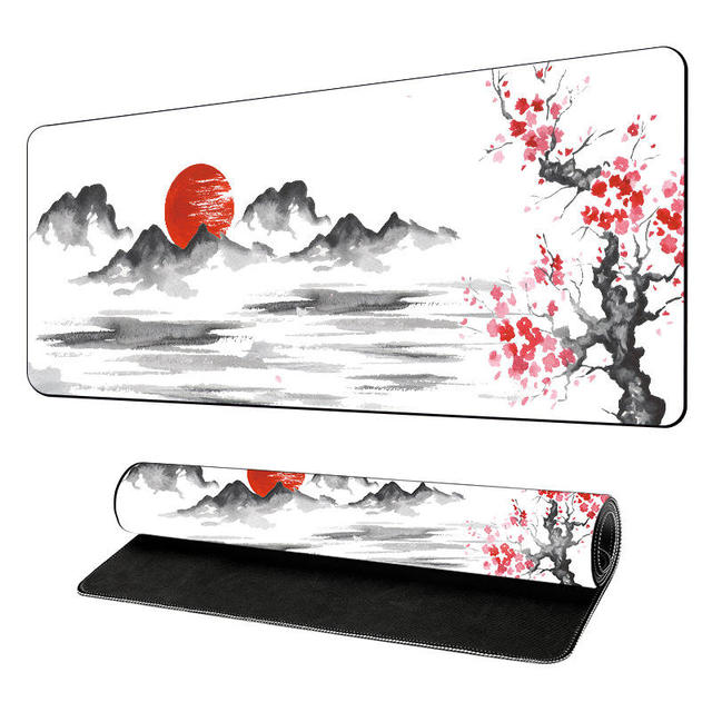 Large Custom Size Ink Painting Rubber Mouse Pad with Plum Blossom & Fishing Scenery for Office Gaming Desk Decor-Custom Design