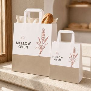 Sacs en papier blancs de luxe personnalisés avec logo et poignées plates pour boulangerie, emballage alimentaire, vente au détail, sacs de courses à emporter, vente en gros OEM - Product Image 6