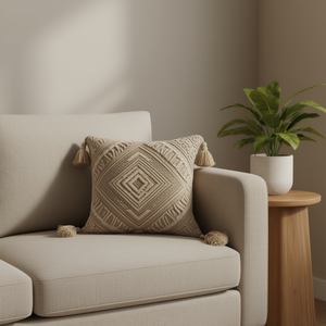 DB Wool Pillow Cover 50Cm Square Knitted Tassel Accents Transitional Decorative <b>Throw</b> Pillow Light <b>Brown</b> - Product Image 2