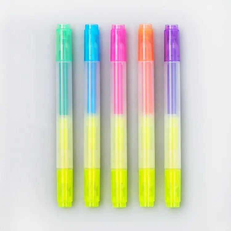 Factory office high quality new design colorful double fine chisel dual tip fluorescent highlighter marker pen set
