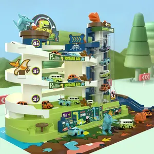 Vorschule Spielzeug Parken Abenteuer Geschenke Dinosaurier Schiene Auto Gebäude Big Lifting Parkplatz Auto Rampe Rennstrecke Spielzeug mit 4 Autos