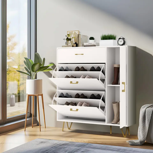 <span class=keywords><strong>Zapatero</strong></span> de Madera Maciza Blanca - Mueble <span class=keywords><strong>Zapatero</strong></span> de Madera con 2 Cajones Abatibles, Patas de Metal Dorado de Lujo y Almacenamiento, Precio de Fábrica - Product Image 3