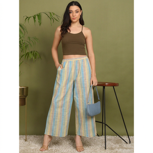 Pantalones Palazzo de Algodón Khadi Teñido con Hilo para Mujer, Rayas Pastel, Cintura Elástica Suave, Culottes de Verano, Pantalones Casuales Boho a la Moda - Product Image 1