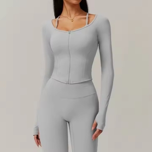 Custom Fitting Running Long Sleeved Sports <b>Jacket</b> Quick Drying Zipper Tight for Women's Fitness Nude <b>Yoga</b> Suit Top - Product Image 2