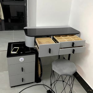 Nouvelle coiffeuse moderne avec rangement, miroir <span class=keywords><strong>LED</strong></span> réglable, chargeur <span class=keywords><strong>sans</strong></span> <span class=keywords><strong>fil</strong></span>, table de maquillage en verre trempé pour chambre à coucher - Product Image 5