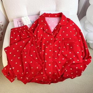 Baju tidur kasual motif cinta wanita, baju tidur kasual kerah lipat motif cinta merah lengan panjang seperti katun - Product Image 3