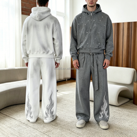 Conjunto de Sudadera con Capucha para Hombre, Estampado, Felpa Francesa, Informal, para Otoño, Blanco y Gris con Patrón de Llamas Plateadas