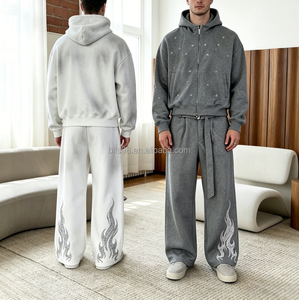 Conjunto de Sudadera con Capucha para Hombre, Estampado, Felpa Francesa, Informal, para Otoño, Blanco y Gris con Patrón de Llamas Plateadas - Product Image 1