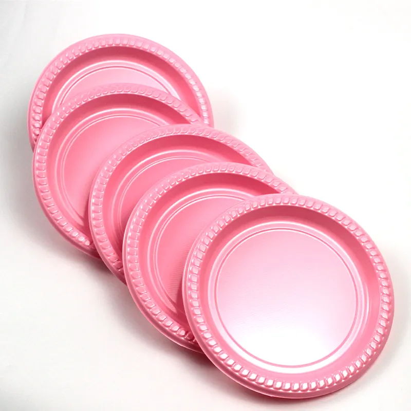 Dinner Plate PP Plastic Disposable Pink Color 230mm Food PS Plastic Dish Colorful Plastic Round Plates Black Pulp Moulding