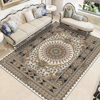 Tapis d'appoint personnalisé en velours beige et noir, motif médaillon persan, imprimé, antidérapant, doux, pour salon, style vintage oriental