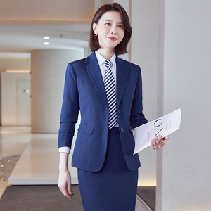 Women's Formal Suit Set Blue Polyester Anti-Wrinkle Full Sleeve Spring Workwear - Product Image 1