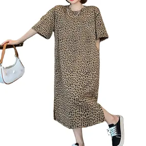 Fashion Women's Loose Leopard Print Knee T-shirt dress