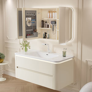 Современная тумба для ванной 2024 года с раковиной, лакированная кремовым цветом, комбинированная, с двумя выдвижными ящиками, новая керамическая раковина-умывальник - Product Image 3