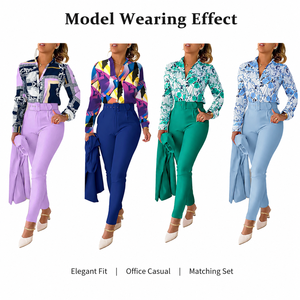 <span class=keywords><strong>Abbigliamento</strong></span> <span class=keywords><strong>Donna</strong></span> <span class=keywords><strong>Primavera</strong></span> Autunno, Completo <span class=keywords><strong>Casual</strong></span> Elegante da Ufficio, Camicia a Maniche Lunghe Stampata e Pantaloni, Set Due Pezzi per Signore - Product Image 4