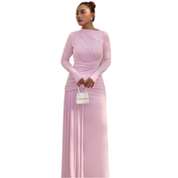 Robe longue décontractée marron unie asymétrique froncée à manches longues et fente haute en maille, style modeste, pour l'automne et les soirées - ZYHT 74133