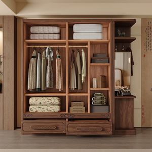 Modern Chinese Style Solid Wood <b>Wardrobe</b> 3 4 5 6 Doors <b>Large</b> Capacity Storage For Bedroom And Small Apartments - Product Image 3