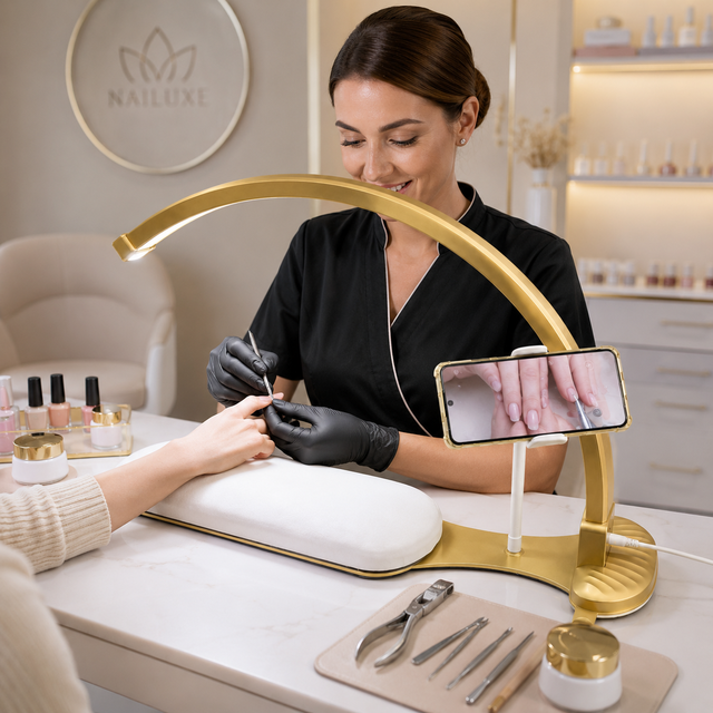 Professional Half Moon Nail Table Lamp Ra90 LED Shadow-Free Manicure Light with Adjustable Brightness Phone Holder