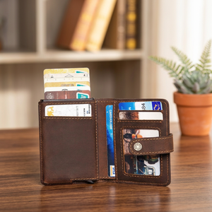 Unisex Vintage Fashion Purse Minimalist <b>RFID</b> <b>Wallet</b> for Credit Card Leather Custom Metal ID Button Closure - Product Image 3