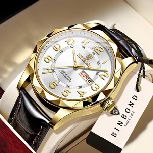 Binlond Men's Quartz Watch Gold Case Leather Strap Calendar Day Date Waterproof 30M Analog Display Fashion Business Style - Product Image 5