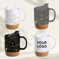 Mug en céramique de 14 oz avec base en liège, personnalisable, blanc/noir, tasse de voyage, mug à café en céramique de Noël avec fond en liège et couvercle en PP, vente en gros
