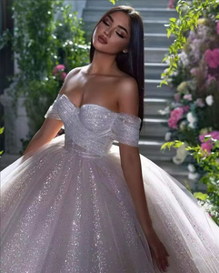 Gaun pengantin putri berkilau sederhana gaun pengantin gaun pengantin berpayet bahu terbuka gaun pengantin kereta panjang