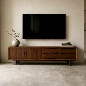 Meuble TV moderne en teck massif, design scandinave minimaliste, fait main, durable, 5 compartiments, mobilier de maison pour - Product Image 1