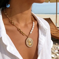 Collar SUMMLY con Colgante Ovalado de Oro de 18K, Cadena de Eslabones Mixtos con Perlas, Joyería Retro Elegante para Bodas y Uso Diario