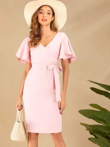 Lancai 사용자 정의 2021 우아한 캐주얼 여름 패션 짧은 Bodycon 핑크 원피스 사무실 원피스 여성용 - Product Image 5