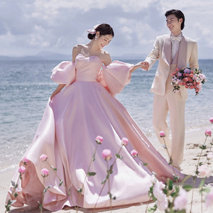 Pink Satin Ball Gown Wedding Dress Sweetheart Neckline Long Train Beach Photography - Product Image 1