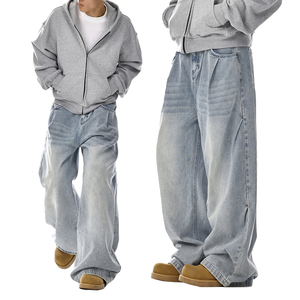 Wholesale 100% Cotton Mid Waist Loose Fit Casual Plus Size Solid Color With Pockets <b>Button</b> <b>Fly</b> Men's Wide Leg Stonewashed <b>Jeans</b> - Product Image 5