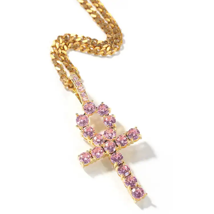 Egyptian Jewelry Copper Micro Pave HipHop Pink Crystal Bling Zircon Ankh Pendant Man Woman Charm Ankh Jewelry