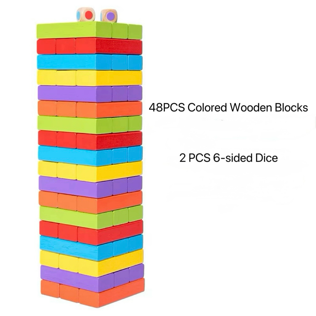 Jenga colorido de 48 piezas + 2 dados coloridos