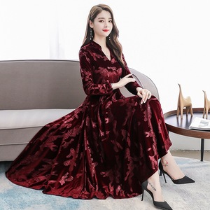Donne vintage con scollo a v manica lunga inverno <span class=keywords><strong>midi</strong></span> casuale abito di <span class=keywords><strong>velluto</strong></span> della signora - Product Image 4