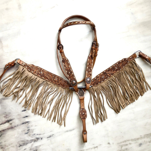 Ensemble de têtière et de collier de poitrine pour cheval de qualité supérieure, style western, durable, confortable, avec surpiqûres. - Product Image 1