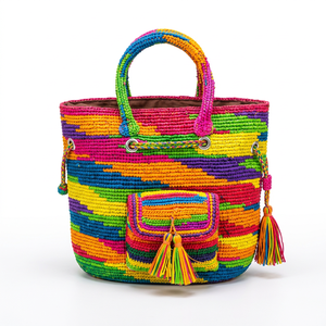 Sac fourre-tout de luxe noir et beige en raphia tressé avec cordon de serrage, sac à bandoulière décoré de pompons, idéal pour l'été, les voyages et la plage - Product Image 5